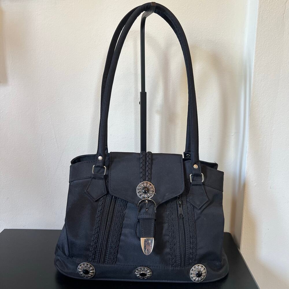 Black Nylon Southwestern Shoulder Bag Long Strap Handbag Silver Accents